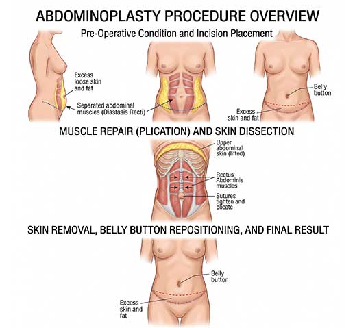 Tummy tuck procedure illustration showing muscle repair and skin removal
